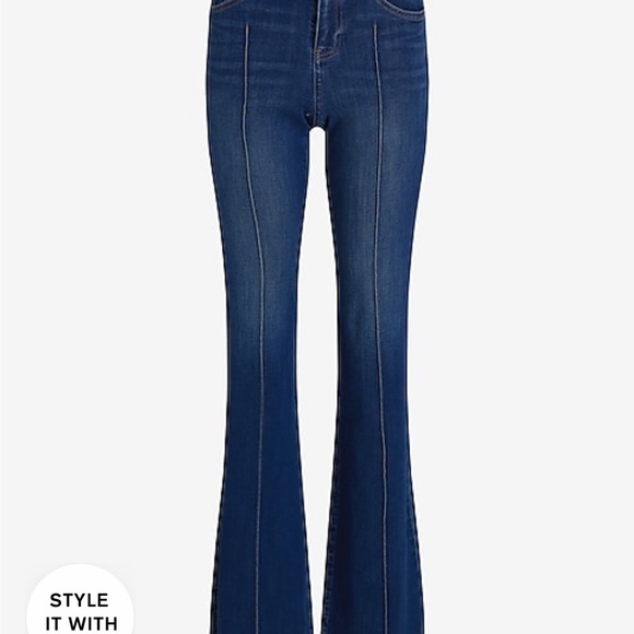 Express Mid Rise Dark Wash Pintuck Raw Hem FlexX ‘70s Flare Jeans L Short - Picture 4 of 4